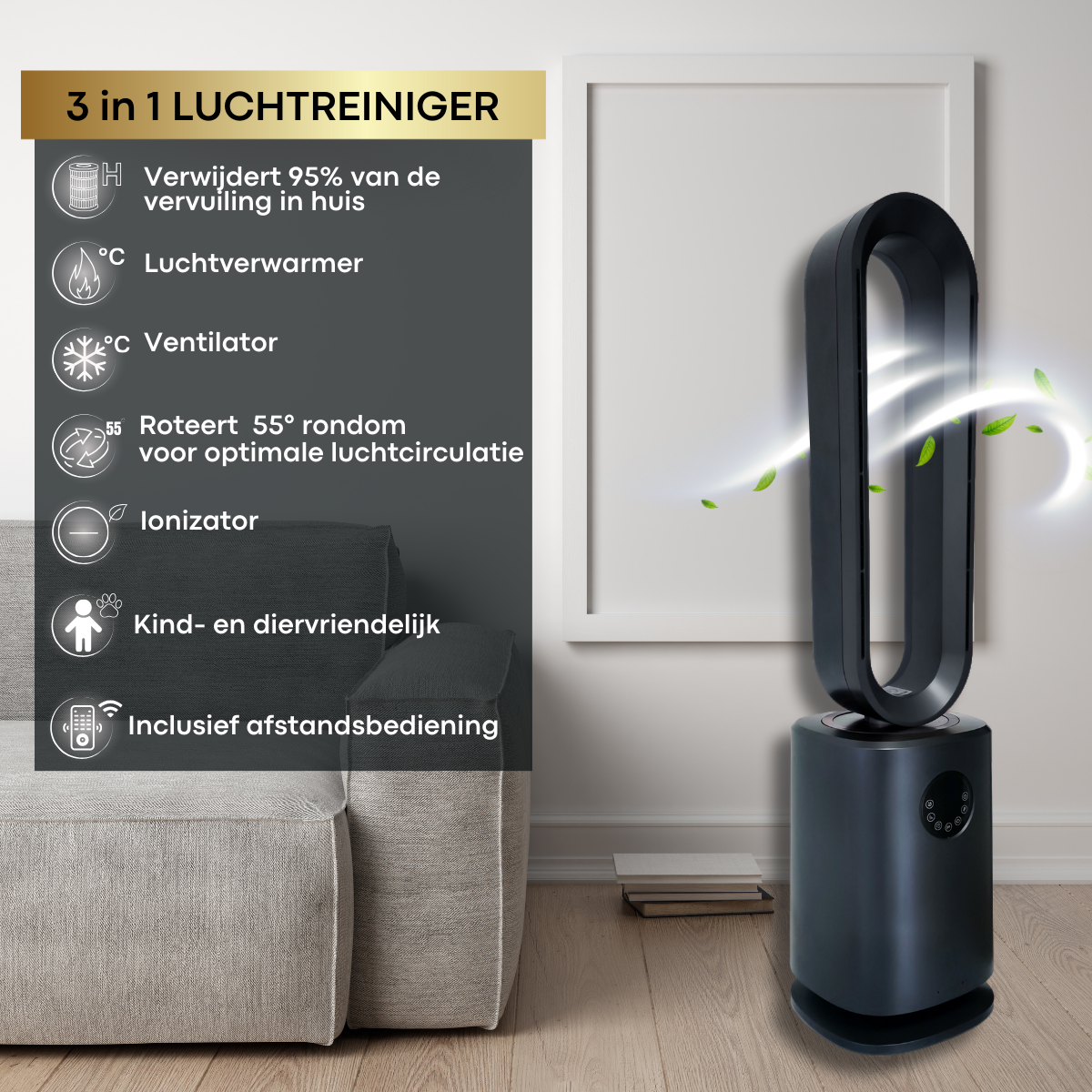 3-in-1 Elektrische Kachel met Ventilator en Luchtreiniger